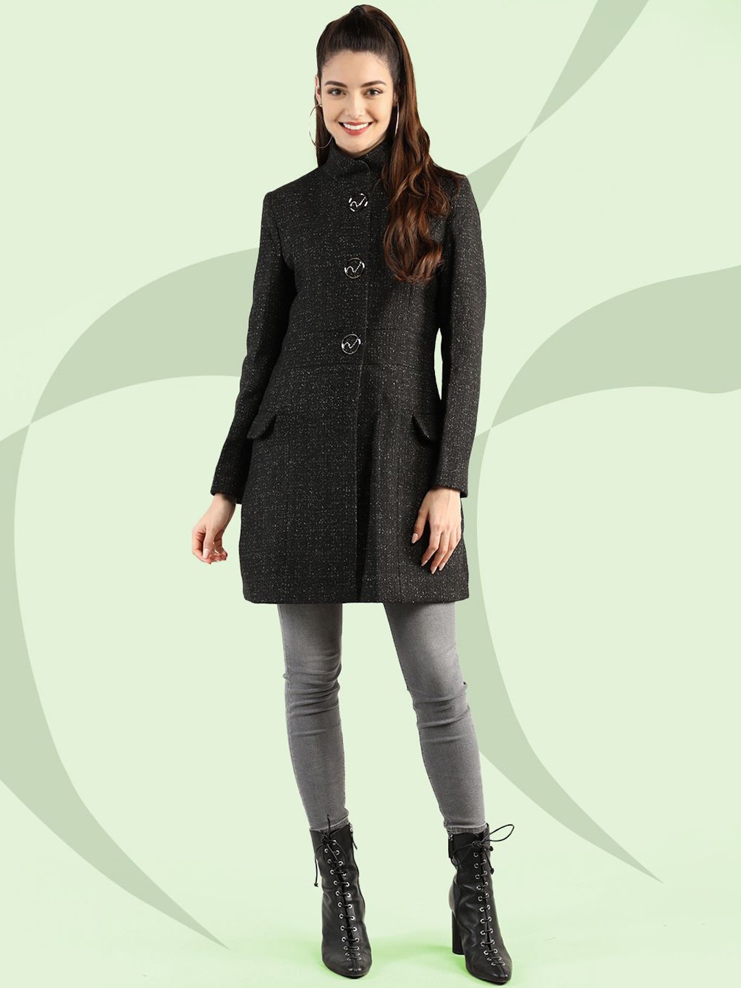 

The Roadster Lifestyle Co. Women Printed Wool Stand Collar Single-Breasted Overcoat, Black