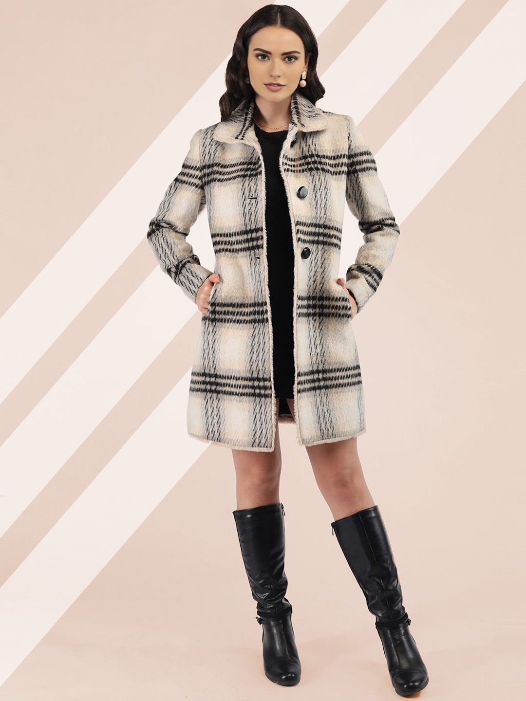 

The Roadster Lifestyle Co. Women Checked Woolen Single-Breasted Overcoat, Beige