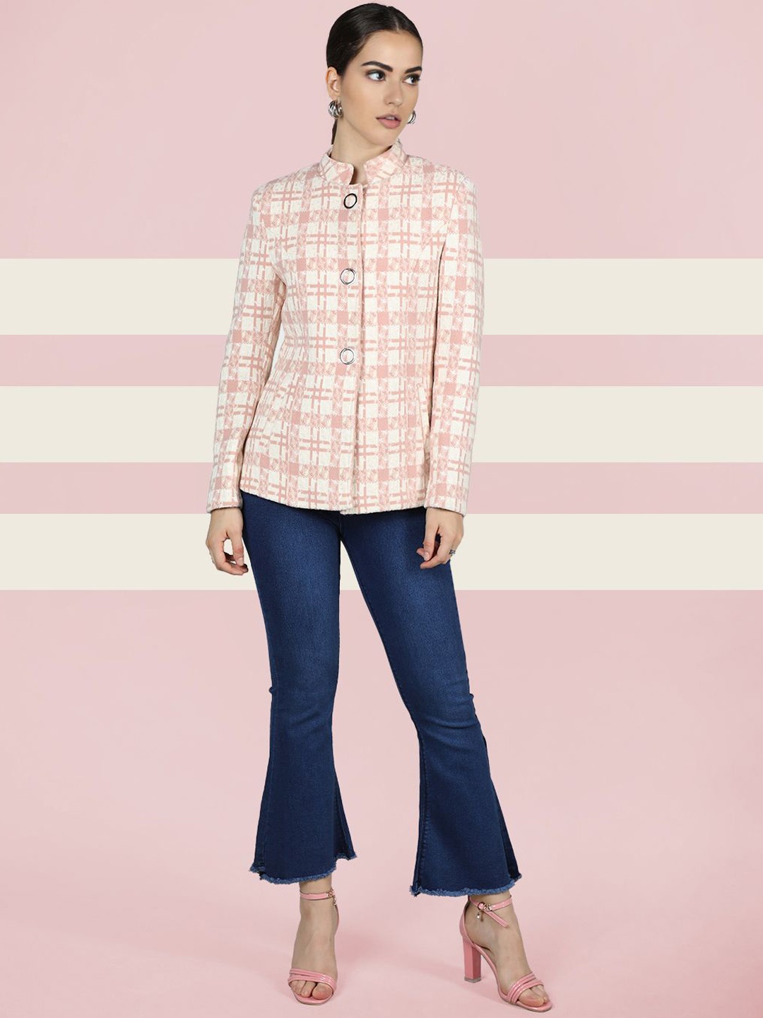 

The Roadster Lifestyle Co. Women Checked Stand Collar Single-Breasted Wool Overcoat, Pink