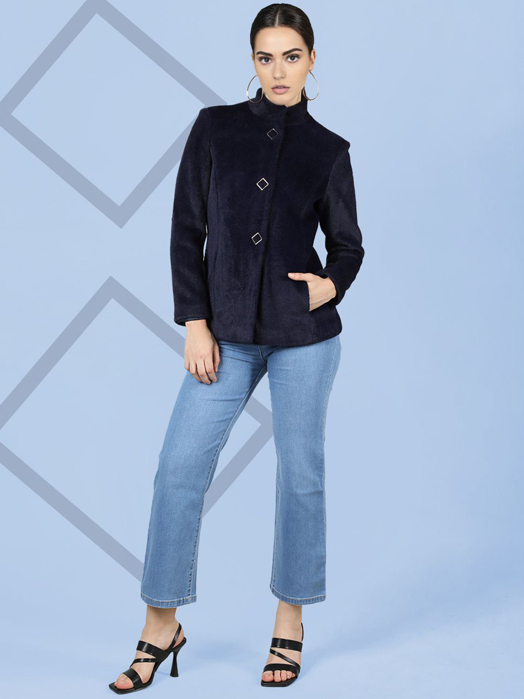 

The Roadster Lifestyle Co. Women Self Design Single Breasted Woollen Overcoat, Navy blue