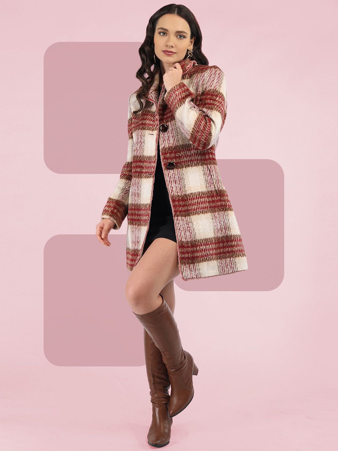 

The Roadster Lifestyle Co. Women Checked Single Breasted Woollen Overcoat, Brown