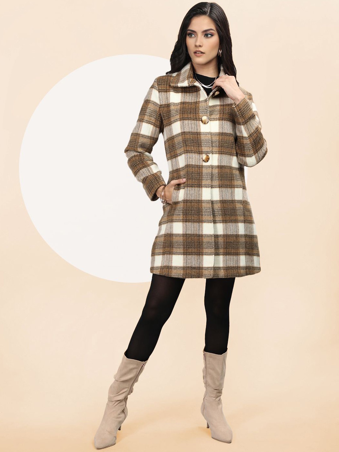 

The Roadster Lifestyle Co. Women Checked Woollen Overcoat, Brown