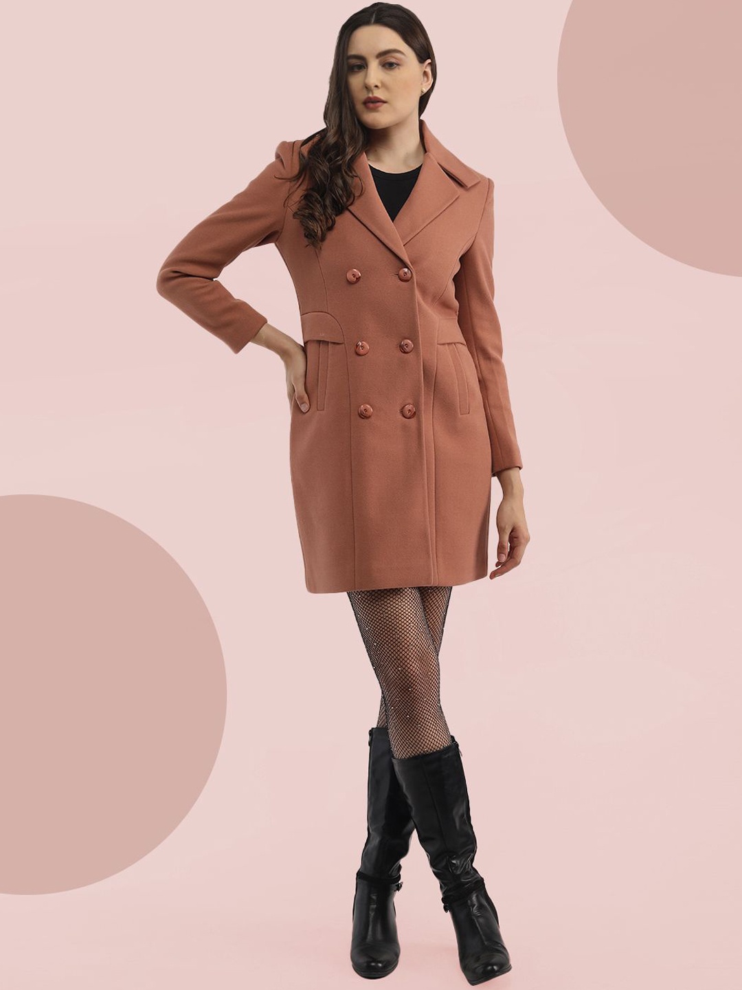 

The Roadster Lifestyle Co. Women Solid Double-Breasted Woollen Pea Coat, Peach
