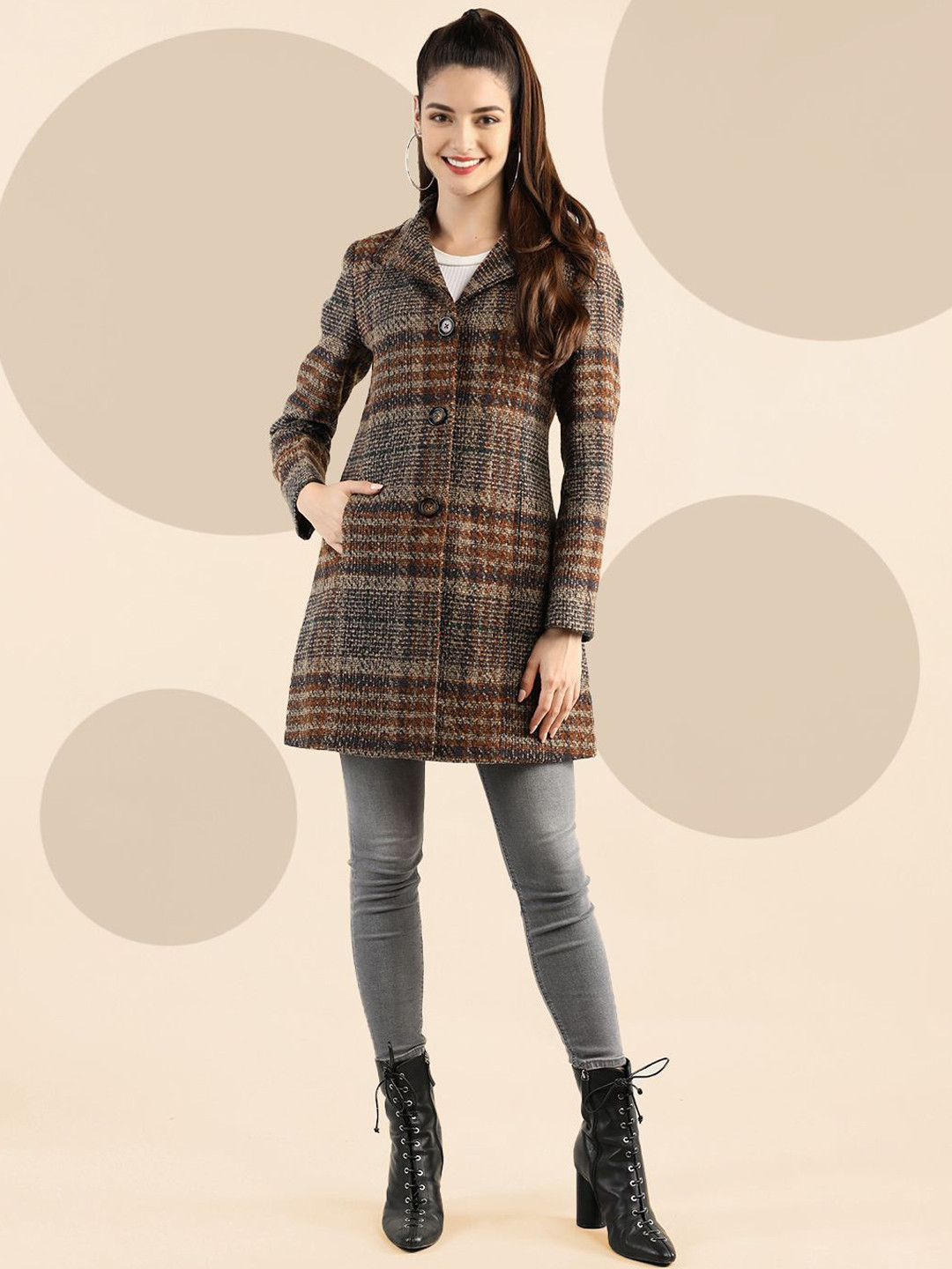 

The Roadster Lifestyle Co. Women Striped Single-Breasted Woollen Overcoat, Brown