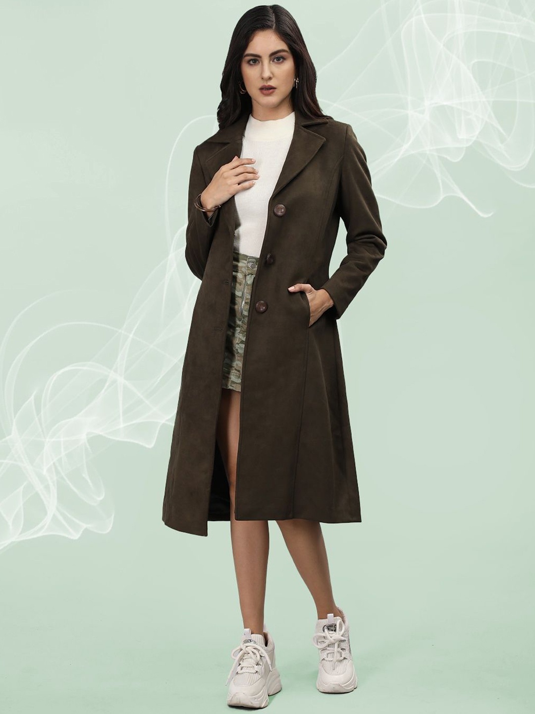 

The Roadster Lifestyle Co. Women Solid Single Breasted Woollen Overcoat, Olive