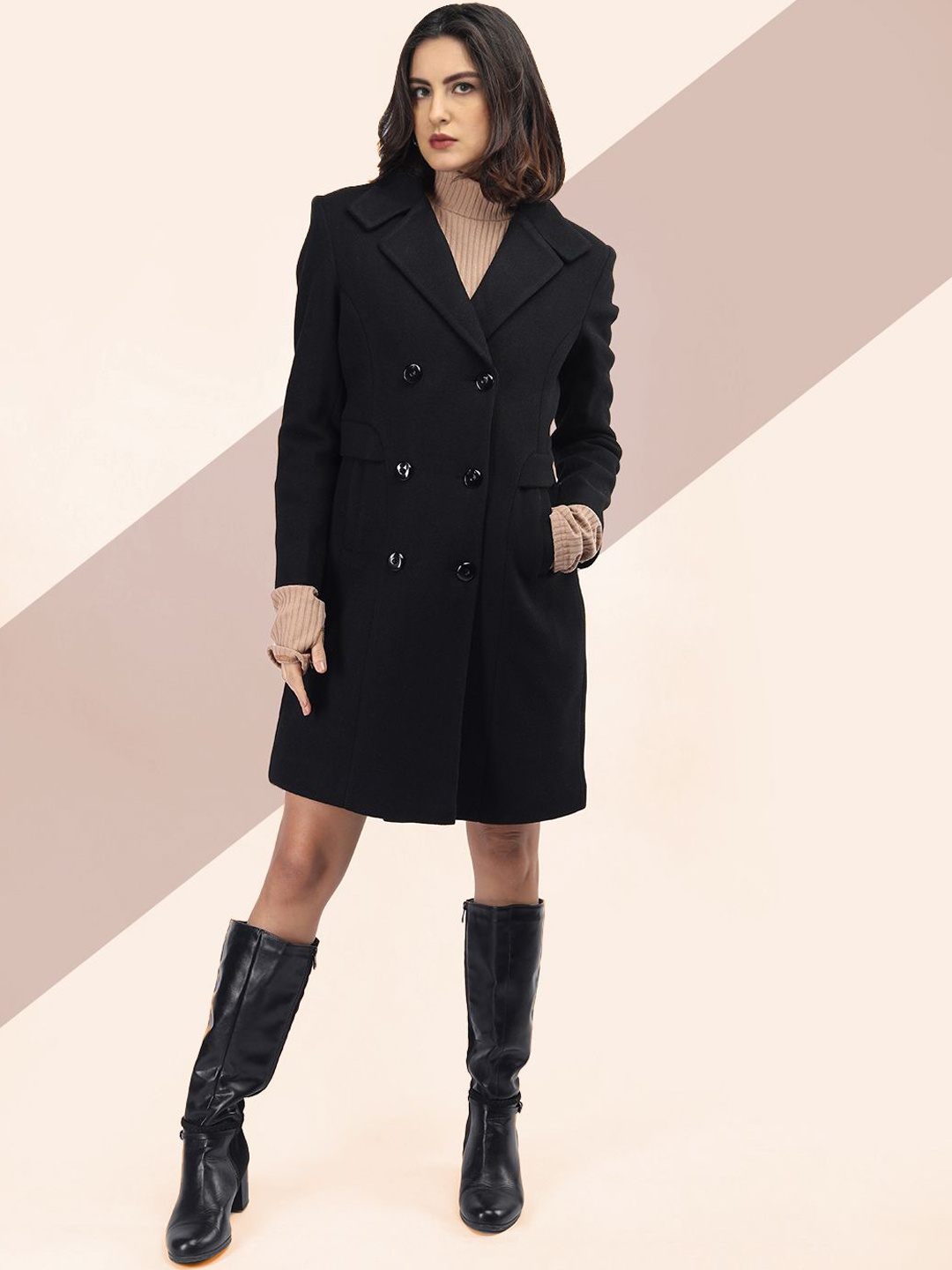 

The Roadster Lifestyle Co. Women Solid Woollen Double Breasted Overcoat, Black