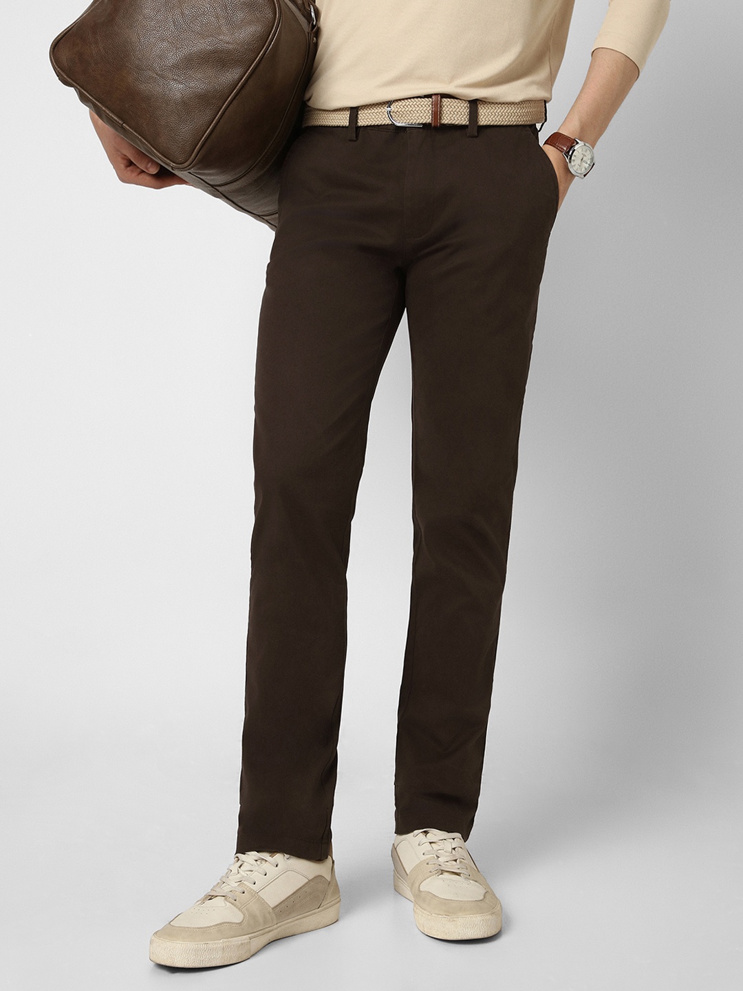 

Peter England Casuals Men Super Slim Fit Trousers, Brown