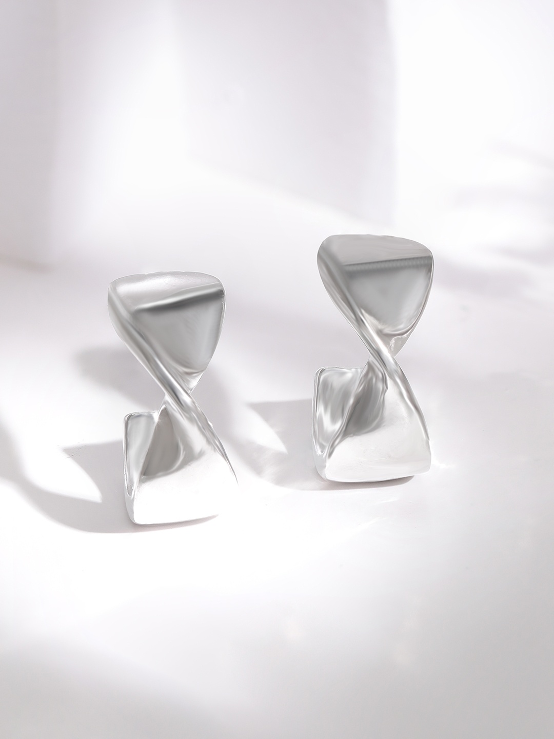 

Rubans Silver Toned Rhodium-Plated Twisted Minimalist Half Hoop Earrings