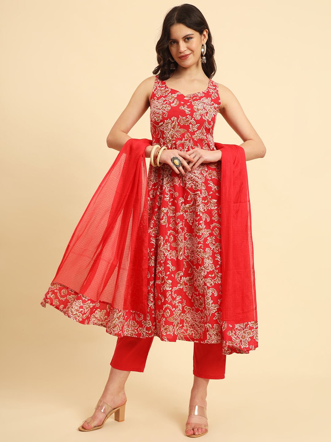 

Yufta Floral Printed Regular Pure Cotton Anarkali Kurta with Trousers & Dupatta, Red