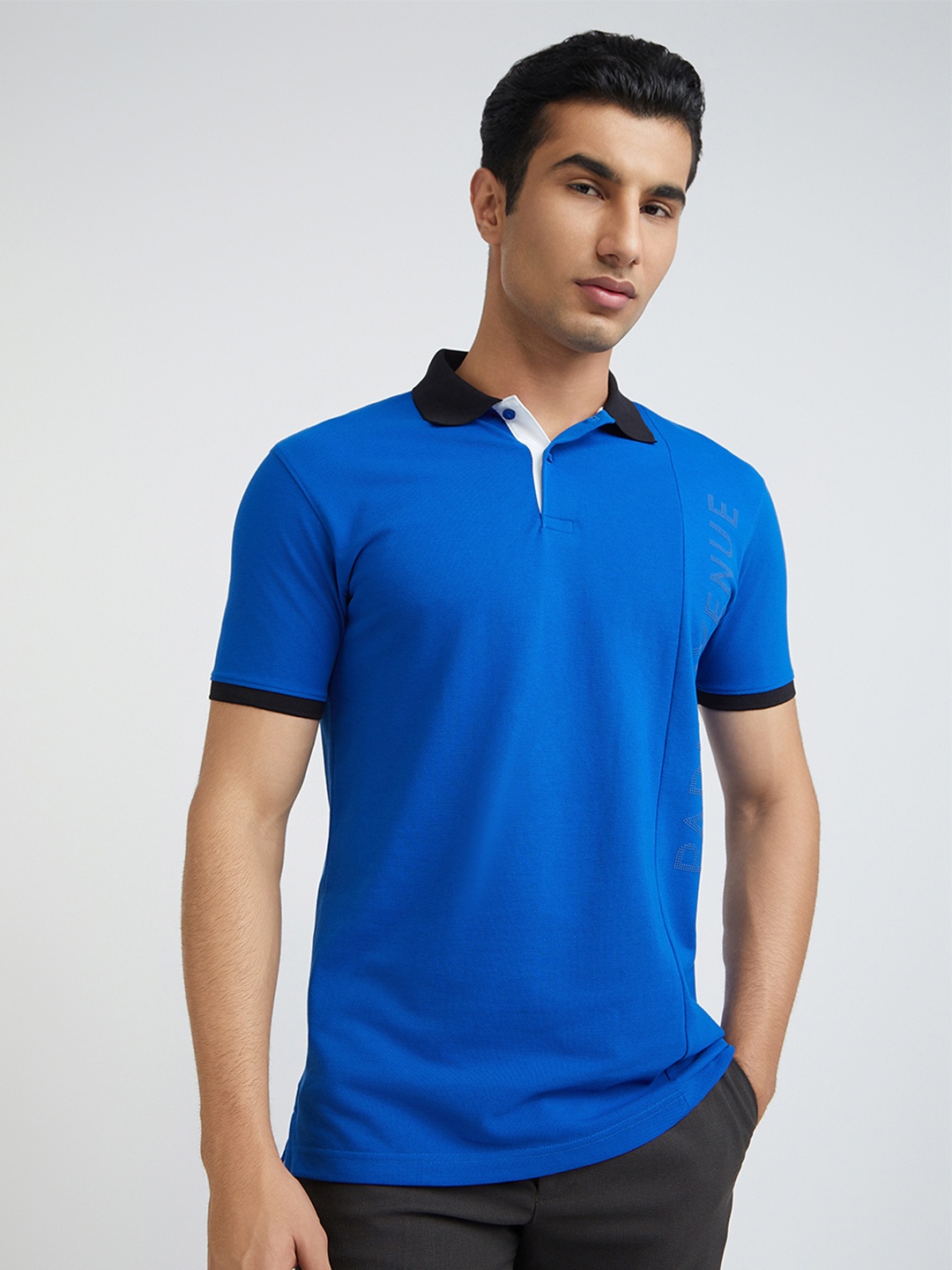 Park Avenue Men Typography Printed Polo Collar Cotton T-shirt, Blue