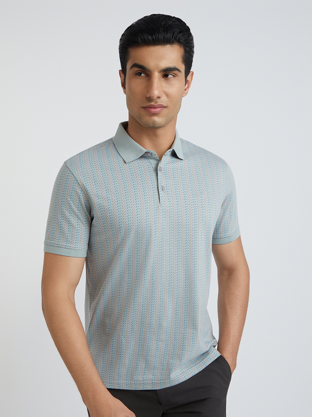 

Park Avenue Men Striped Polo Collar Cotton T-shirt, White