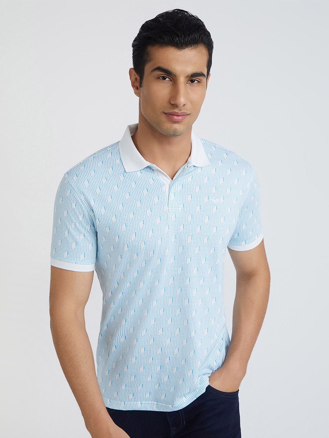 

Park Avenue Men Geometric Printed Polo Collar Cotton T-shirt, Blue