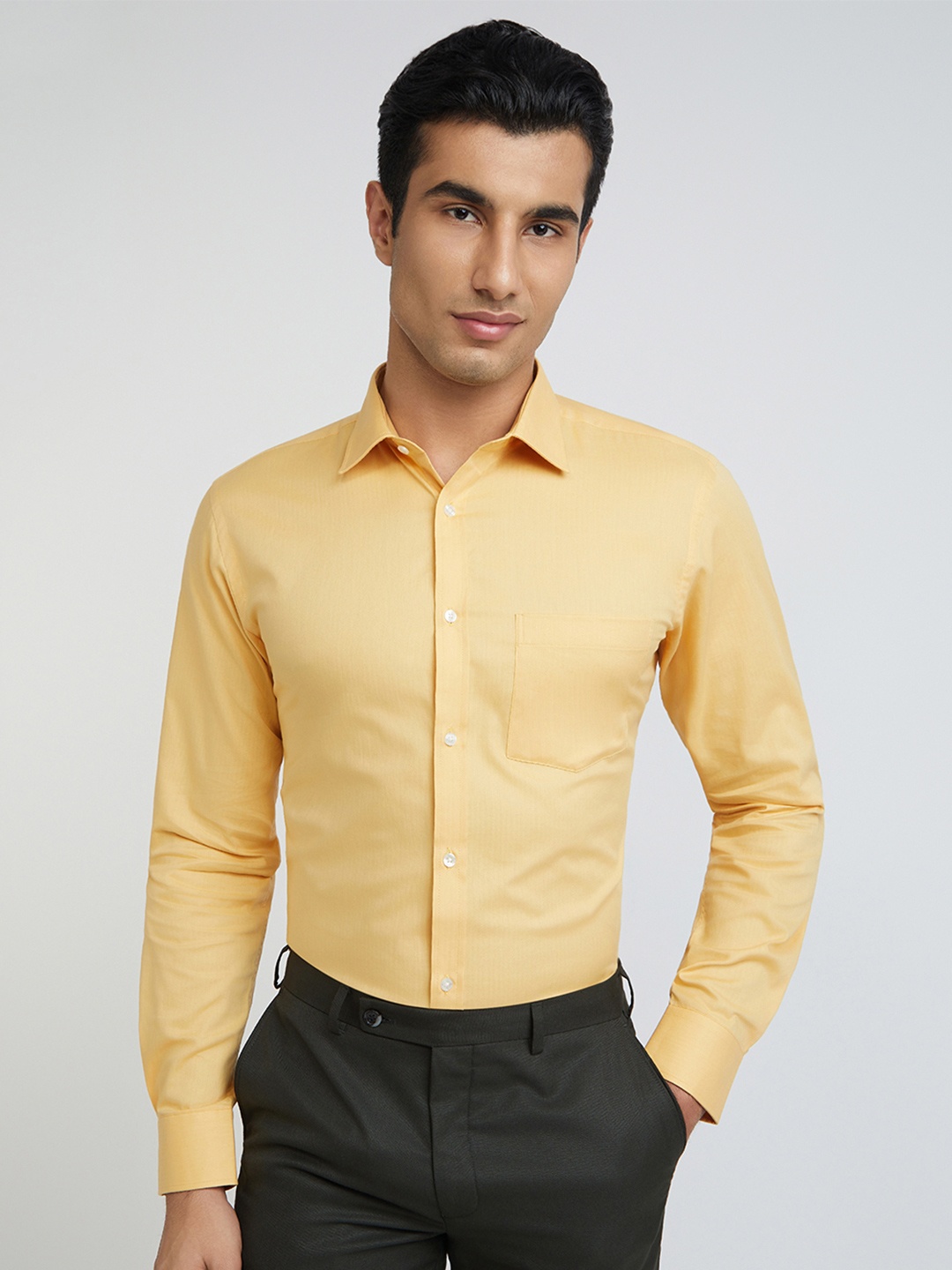 

Park Avenue Men Cutaway Collar Solid Cotton Slim Fit Formal Shirt, Yellow