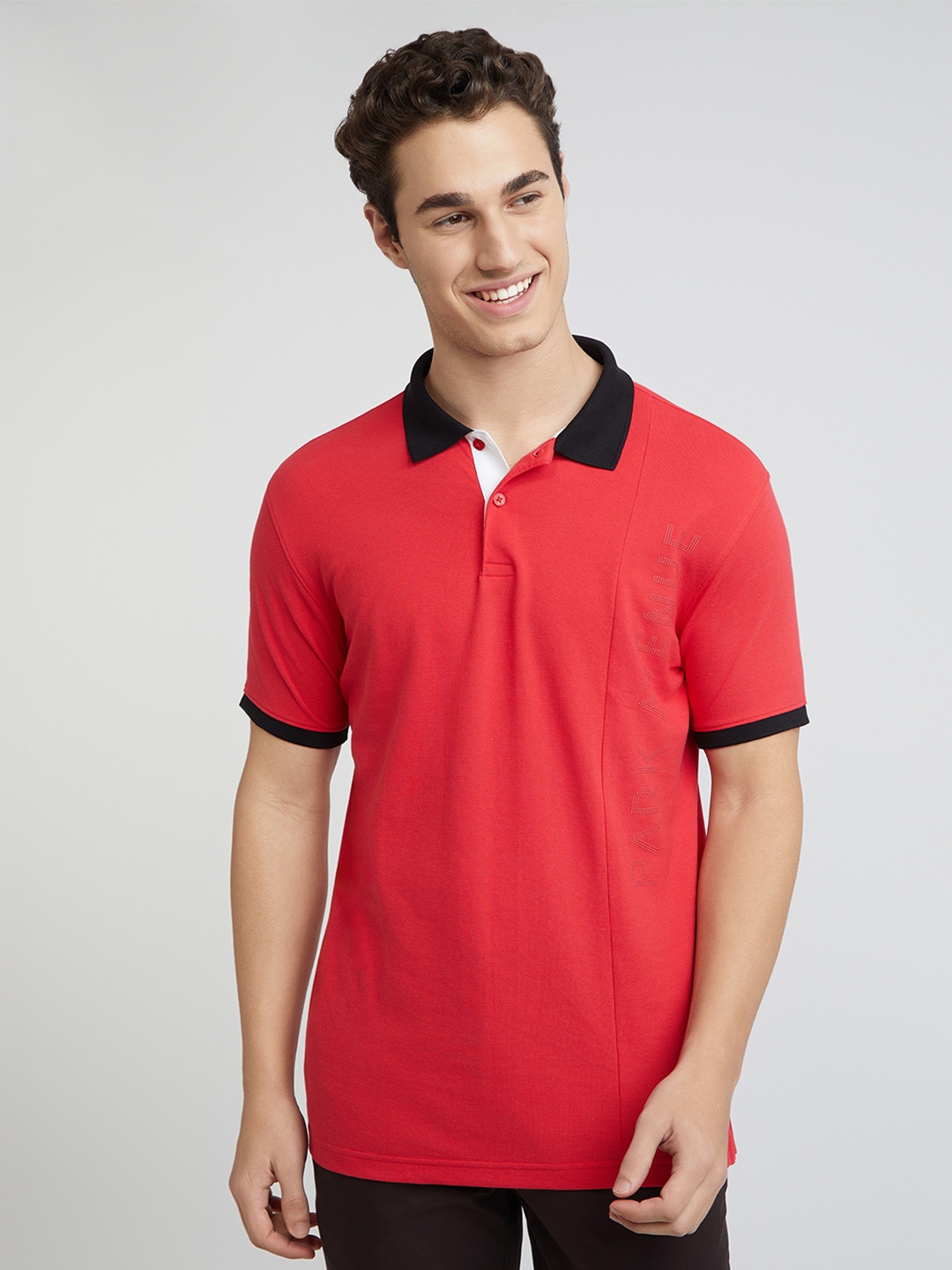 Park Avenue Men Typography Printed Polo Collar Cotton T-shirt, Red