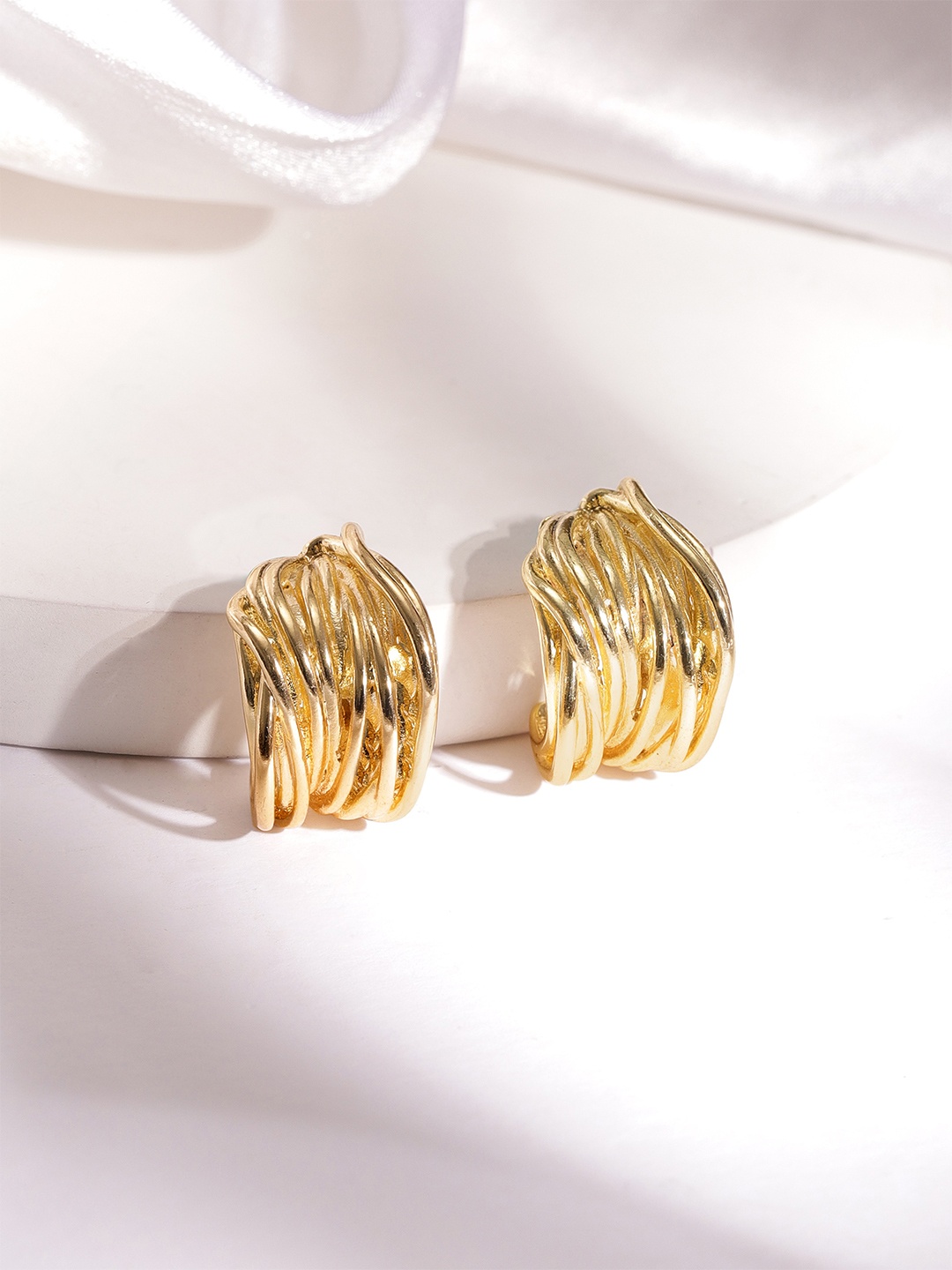 

Rubans 18K Gold Plated Criss-Cross Circular Half Hoop Earrings with Elegant Design