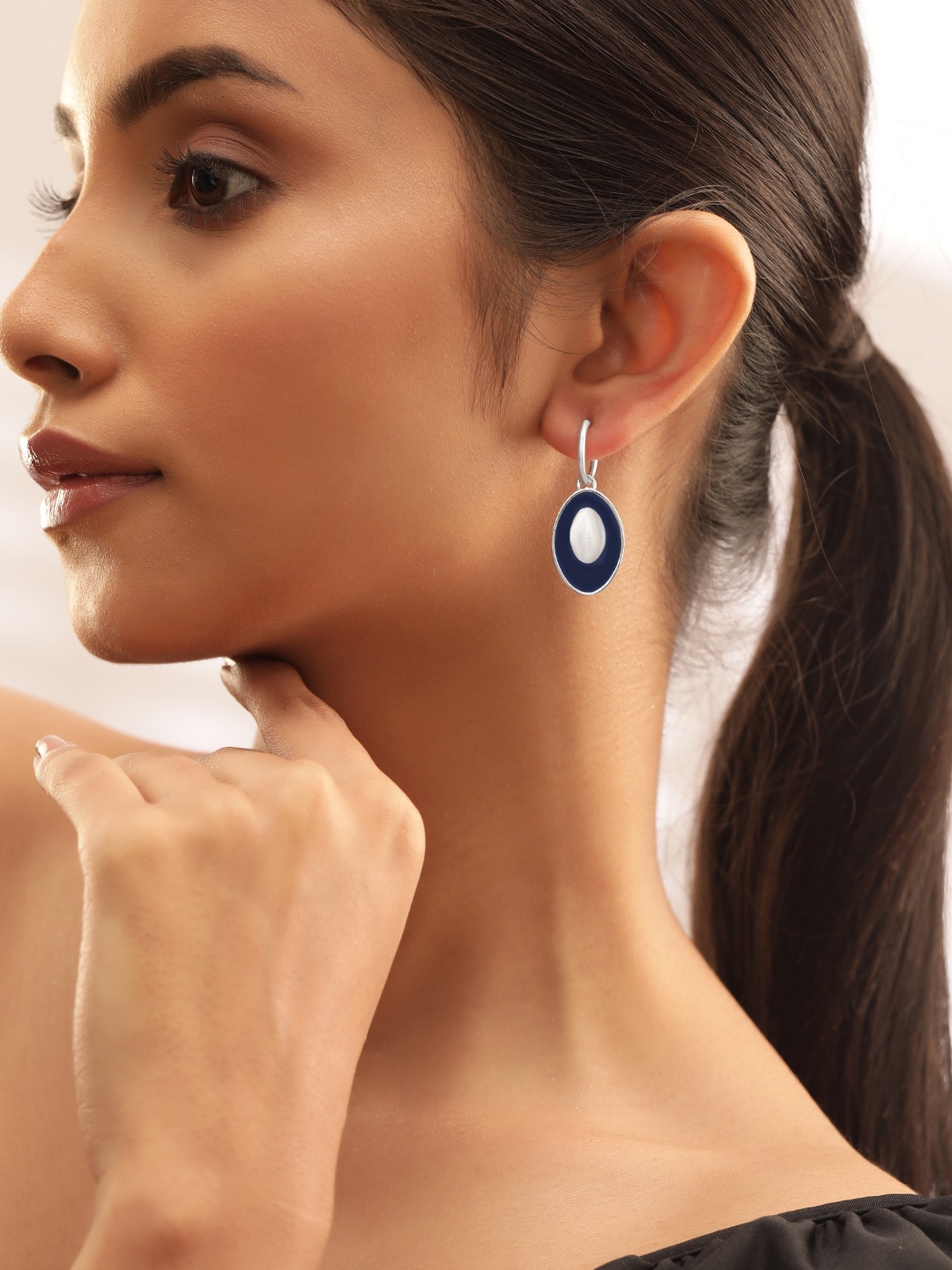 

Rubans Rhodium-Plated Oval Hoop Earrings with Blue Enamel Accents, Silver
