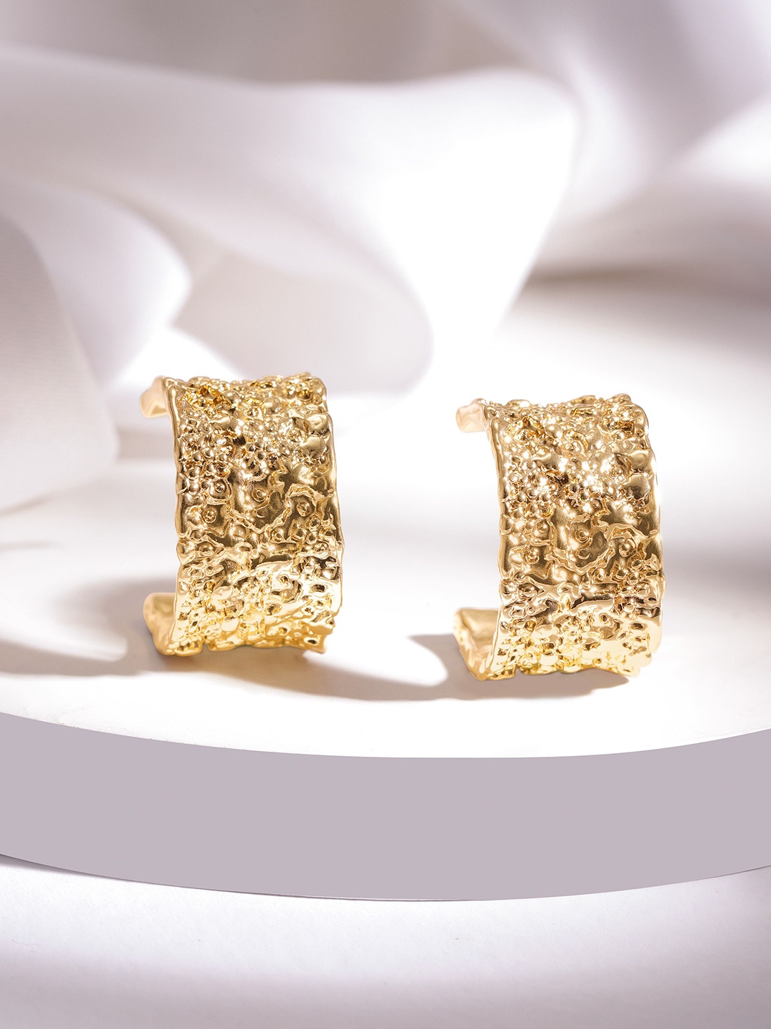 

Rubans 18K Gold Plated Textured Statement Hoop Earrings with Elegant Hammered Design