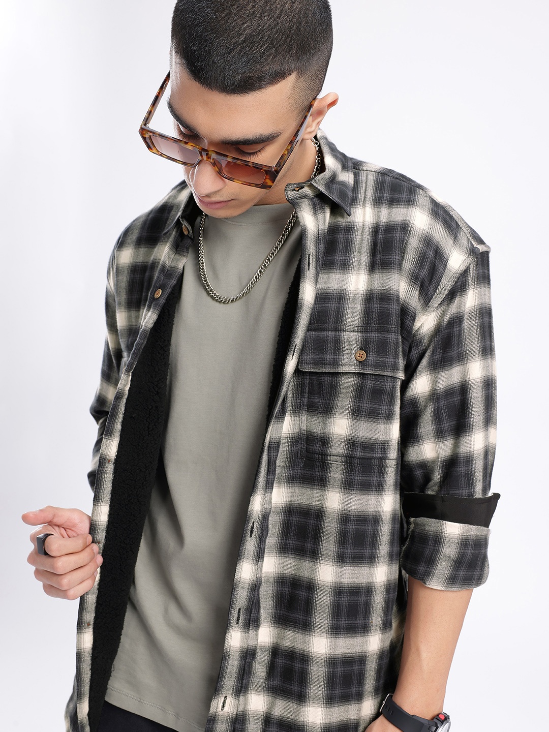 

Kook N Keech Street Cool Checked Fleece Relaxed Shackets, Black