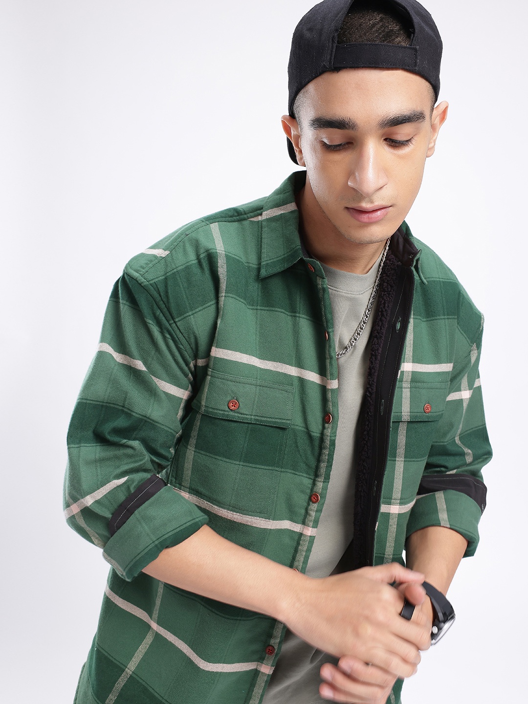 

Kook N Keech Street Cool Checked Fleece Relaxed Shackets, Green