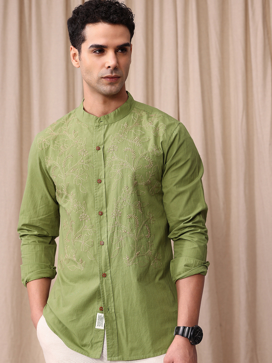 

Mr Bowerbird Pure Cotton Tailored Fit Floral Embroidered Casual Shirt, Green