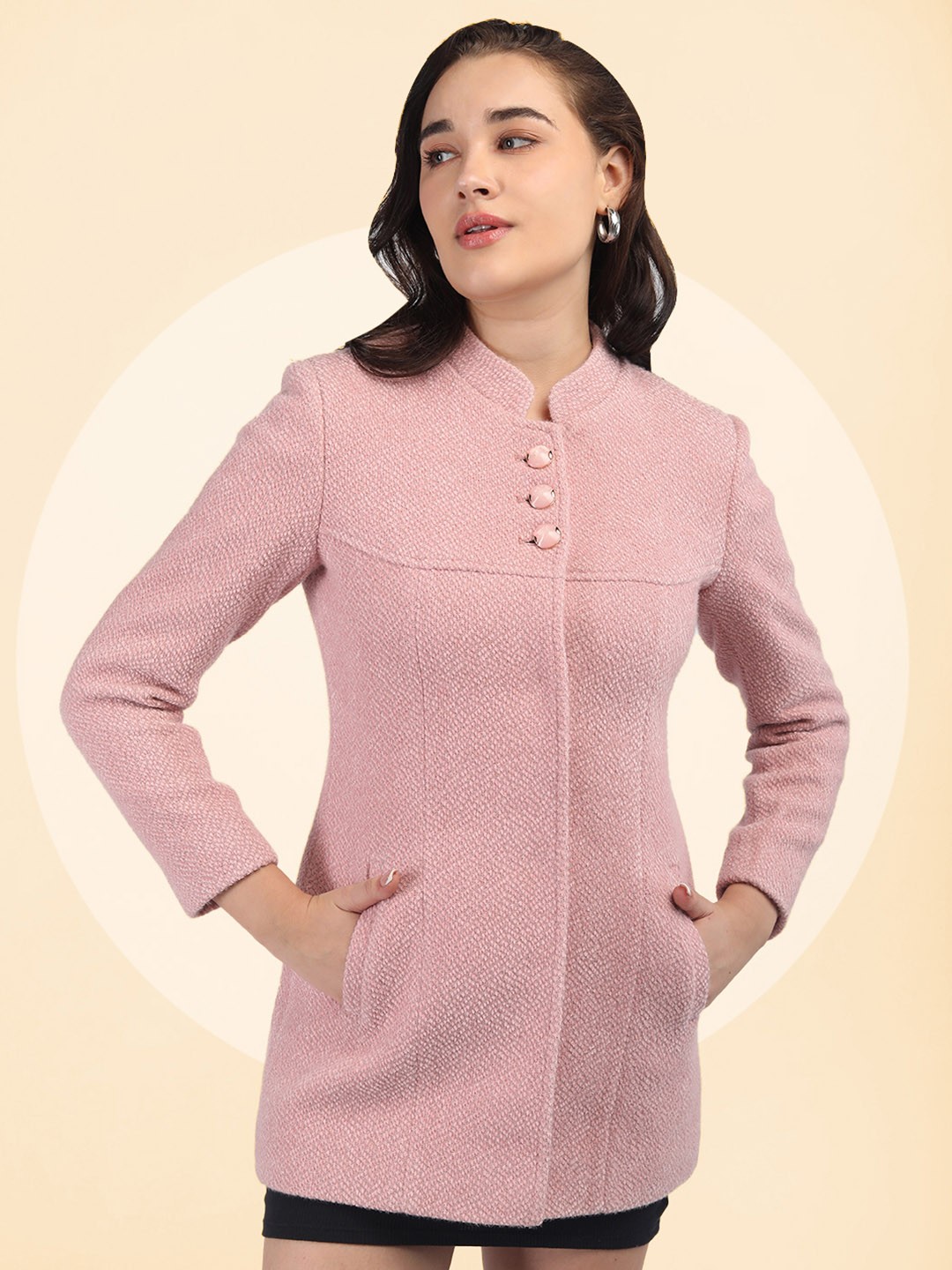 

The Roadster Lifestyle Co. Women Woollen Single-Breasted Solid Overcoat, Pink