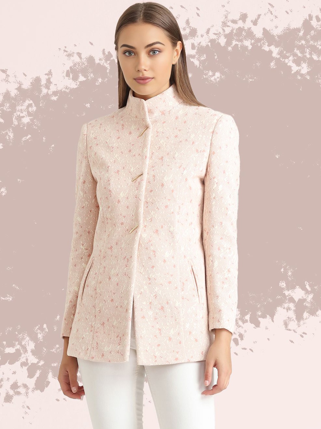 

The Roadster Lifestyle Co. Women Self Design Stand Collar Single-Breasted Wool Overcoat, Pink
