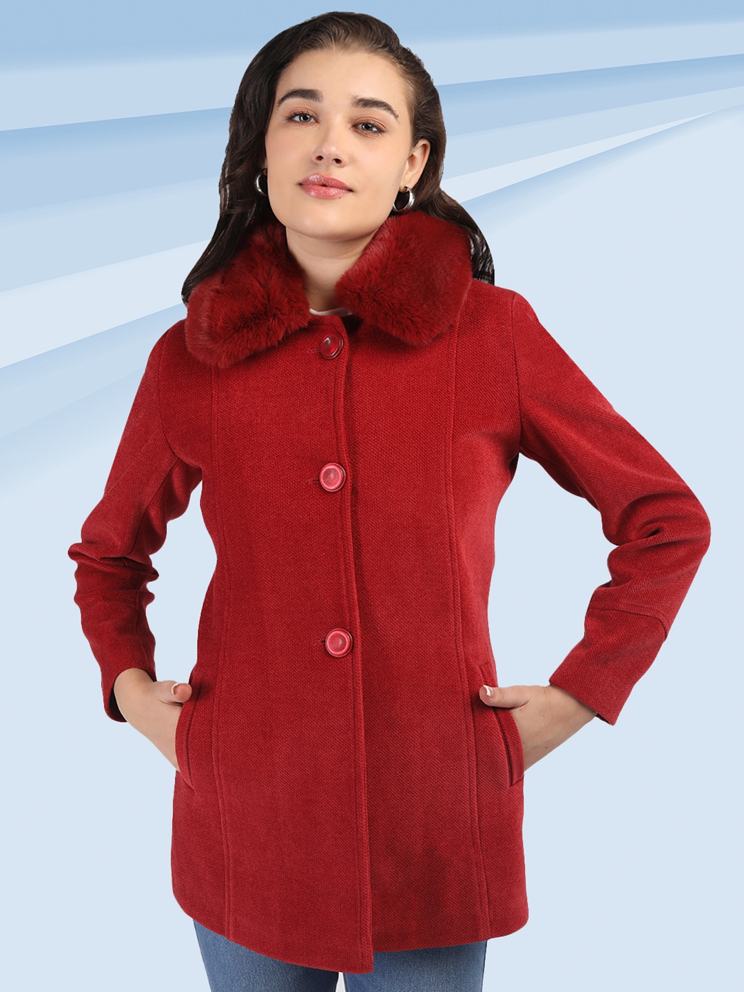 

The Roadster Lifestyle Co. Women Solid Spread Collar Fur Single-Breasted Wool Overcoat, Red