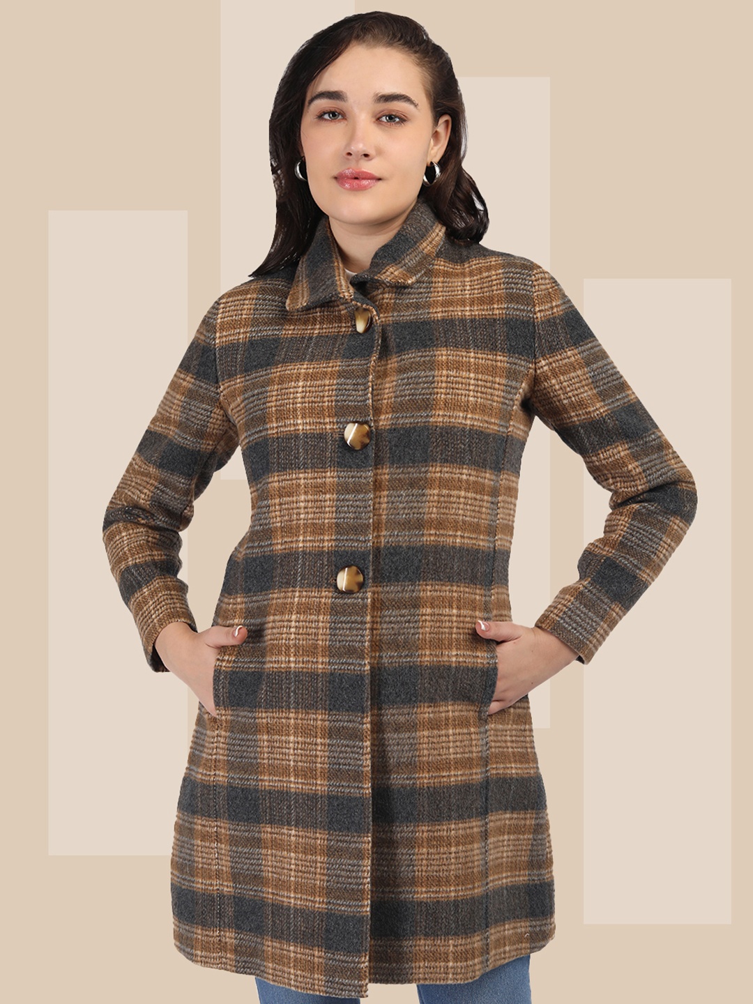 

The Roadster Lifestyle Co. Women Checked Single-Breasted Woollen Overcoat, Brown