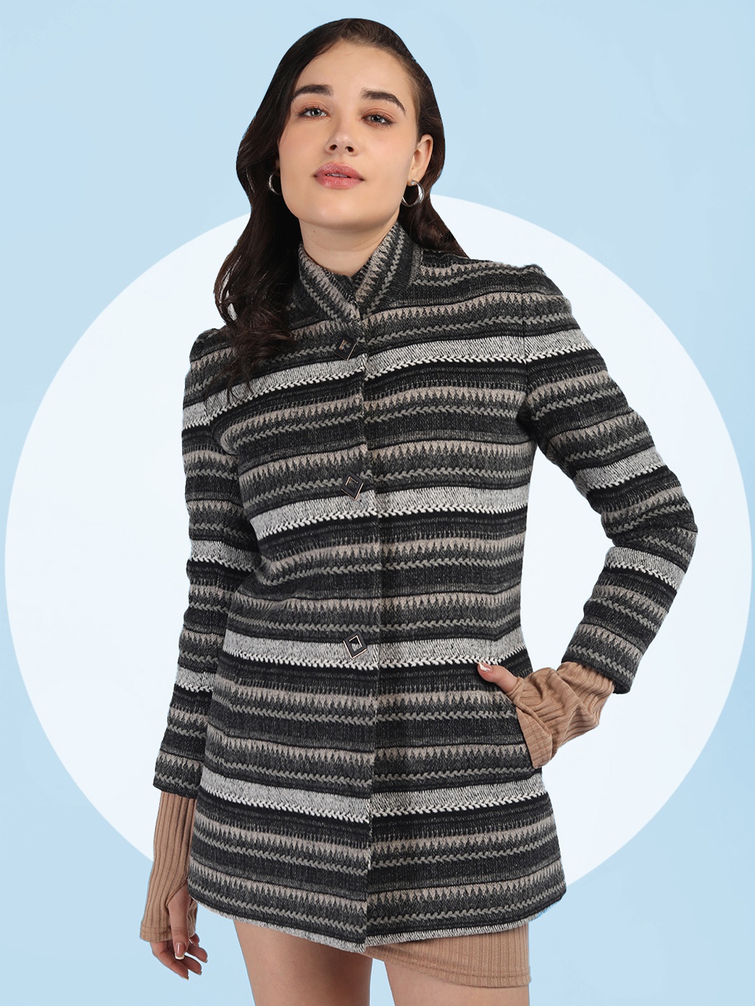 

The Roadster Lifestyle Co. Women Striped Single Breasted Woollen Overcoat, Black