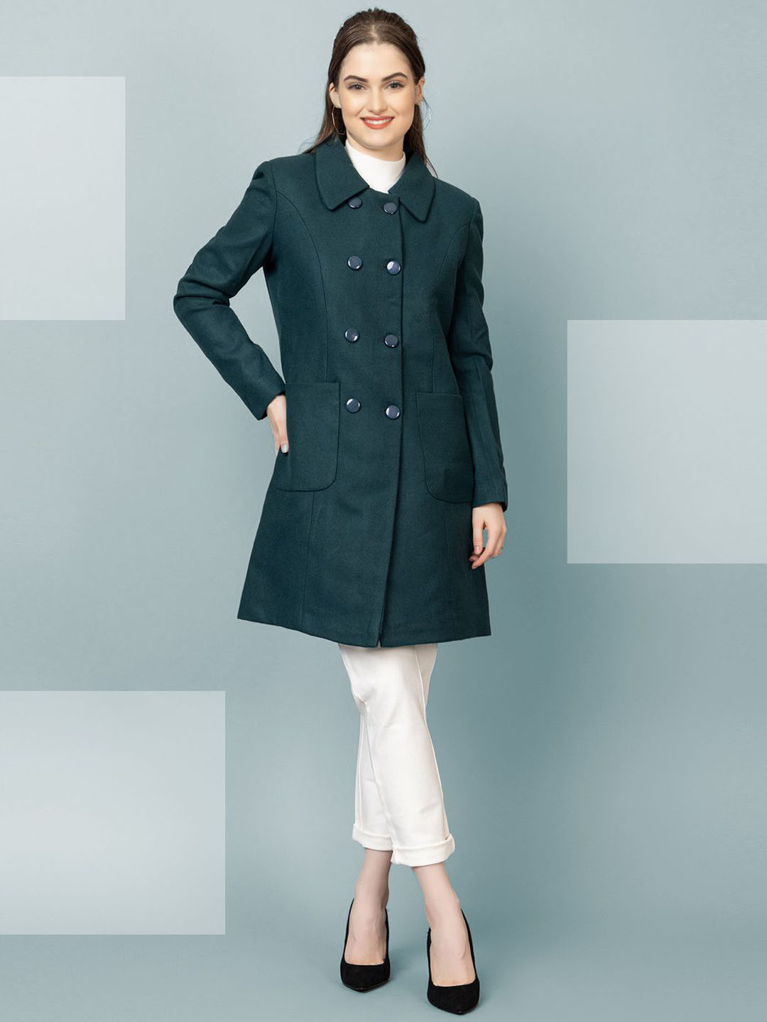 

The Roadster Lifestyle Co. Women Solid Knee Length Double Breasted Woollen Overcoat, Green