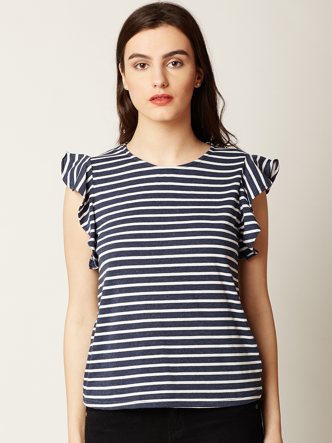 

Miss Chase Women Navy Blue Striped Pure Cotton Top