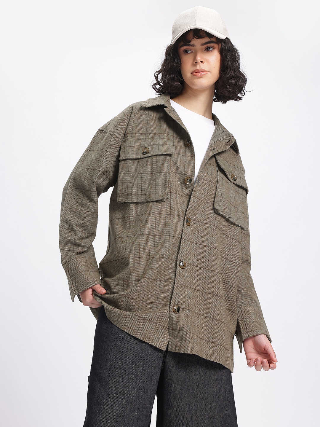 

DressBerry Cozy Checks Flannel Oversized Longline Shacket, Olive