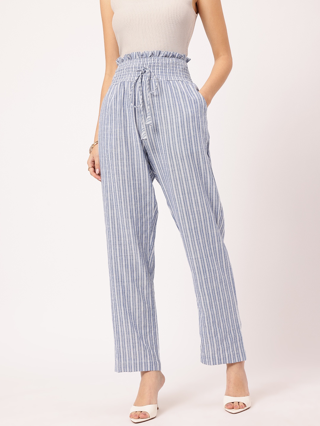 

DressBerry Women Laid-Back Luxe Striped Trousers, Blue