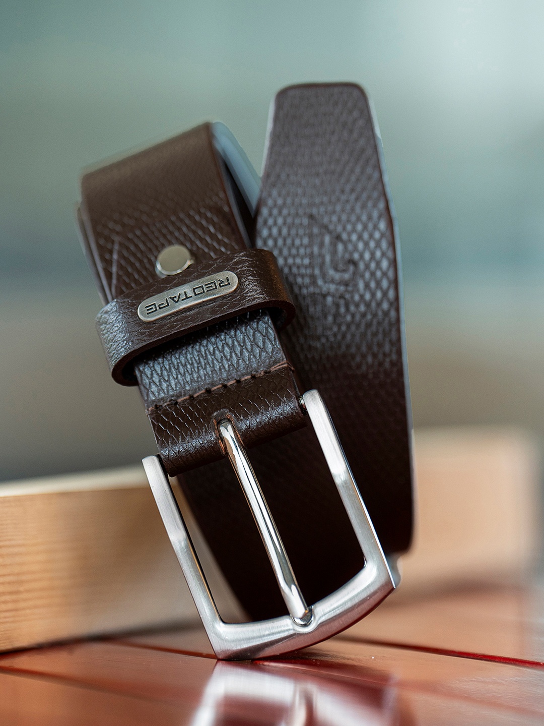 

Red Tape Men Textured Push Pin Closure Leather Casual Belt, Brown