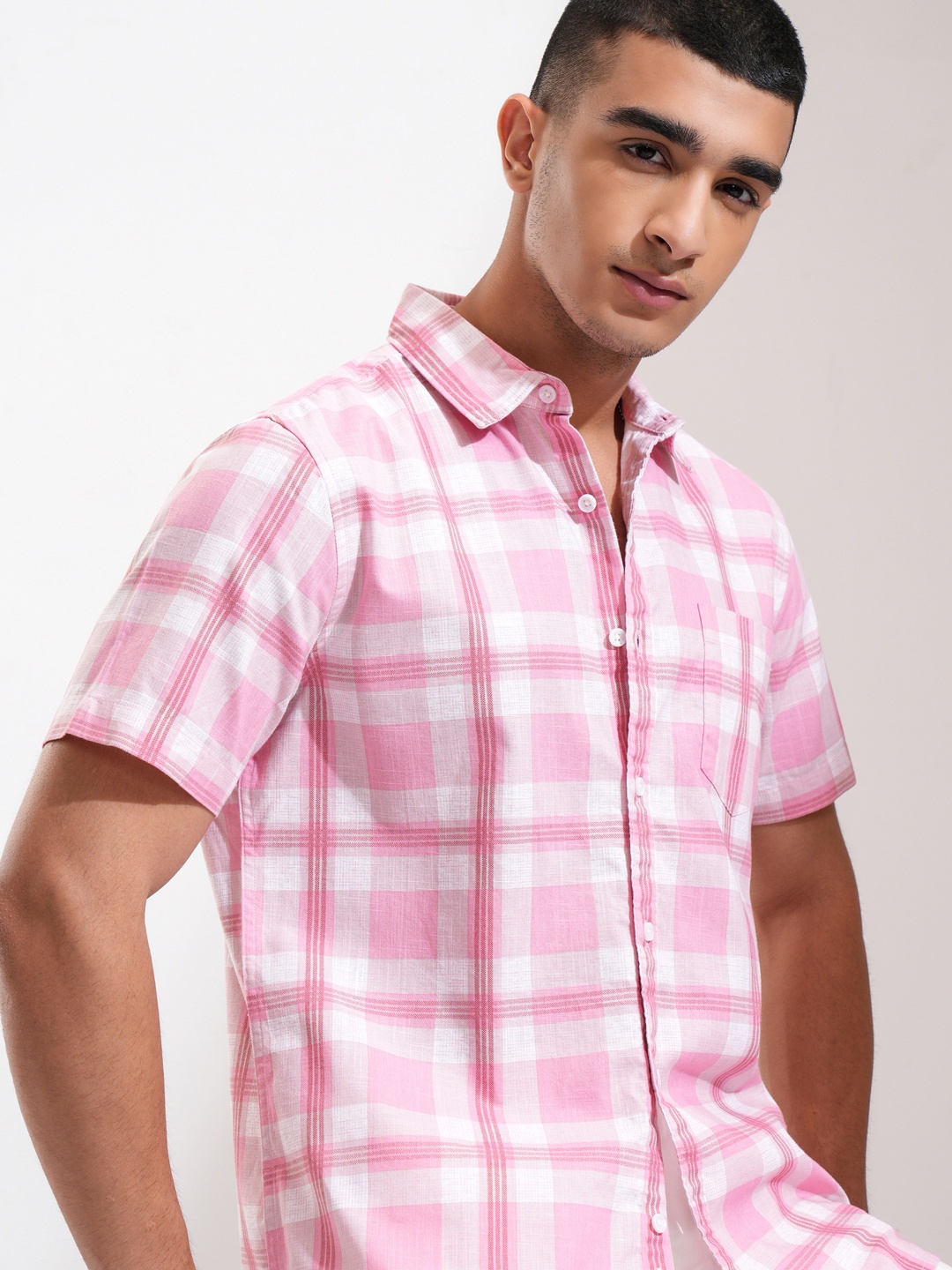 

Highlander Men Cotton Linen Printed Checked Casual Shirt, Green