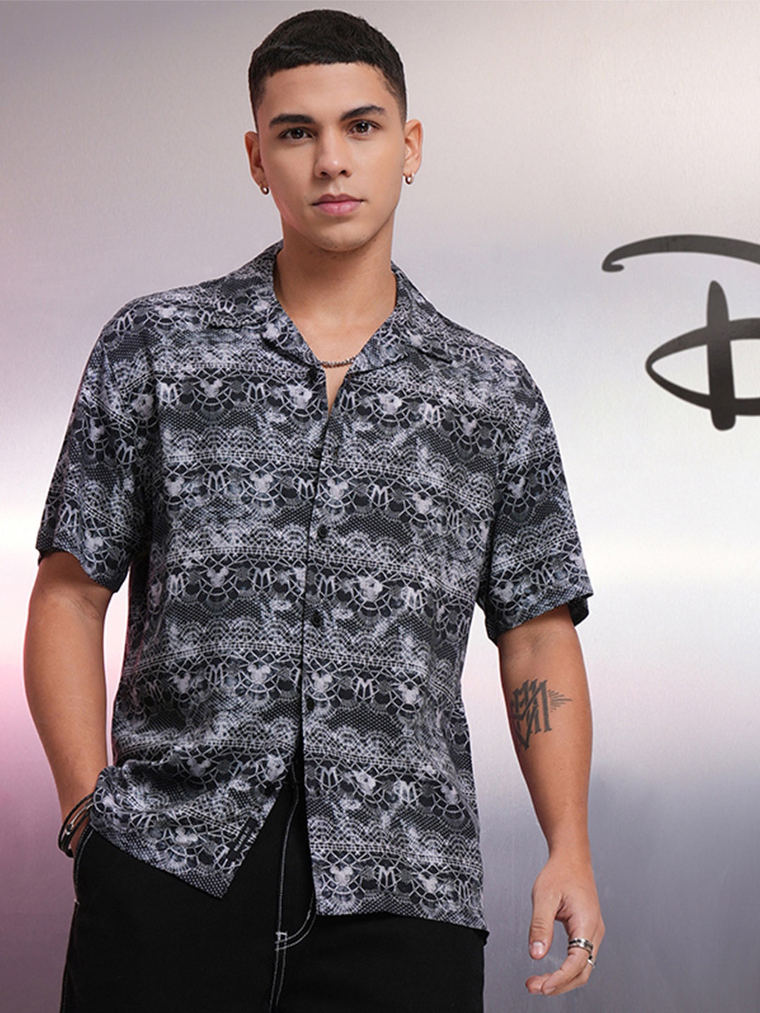 

Highlander Disney Men Mickey Printed Cuban Collar Viscose Relaxed Shirt, Black