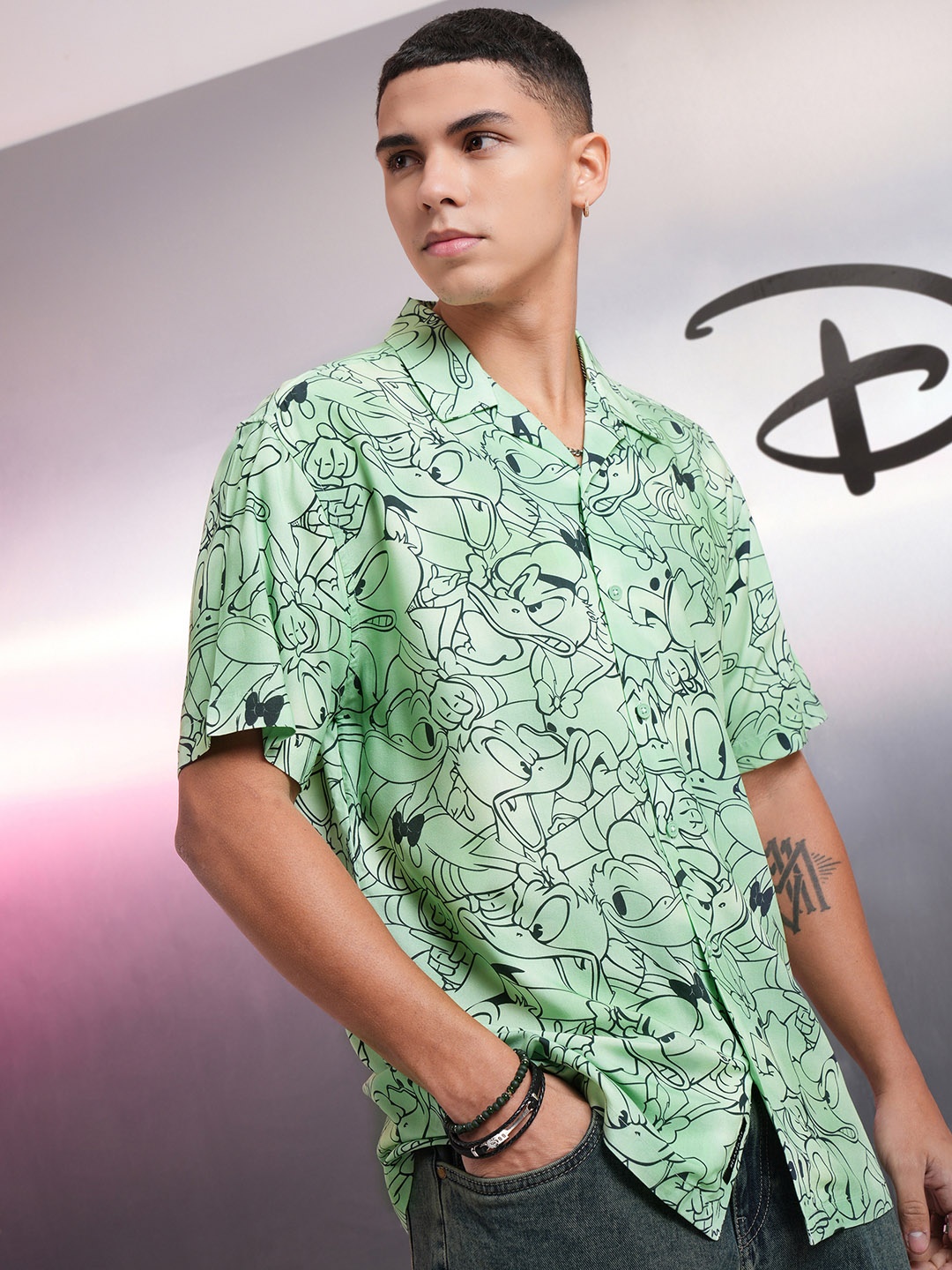 

Highlander Disney Men Mickey Printed Cuban Collar Viscose Relaxed Shirt, Green