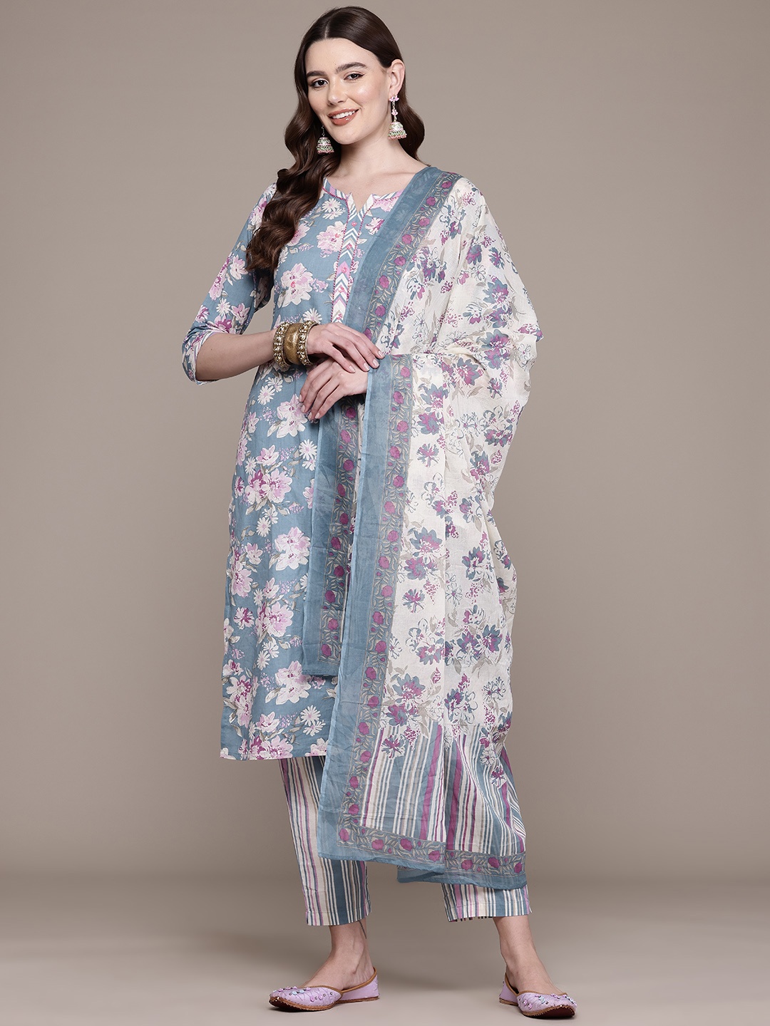 

Readiprint Floral Printed Sequinned Pure Cotton Kurta With Trousers & Dupatta, Grey