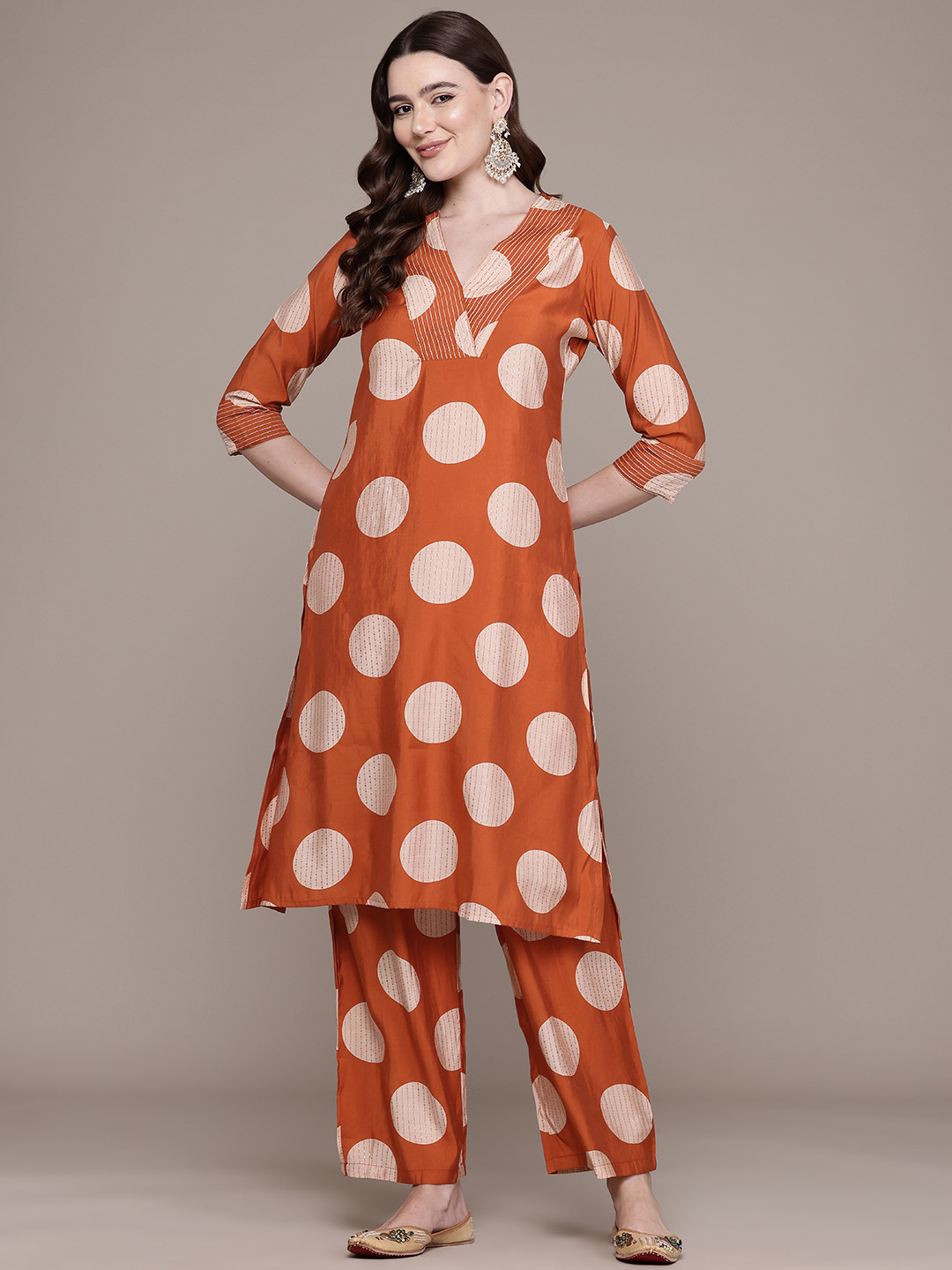 

Readiprint Printed Kantha Work Pure Silk Kurta with Palazzos, Orange