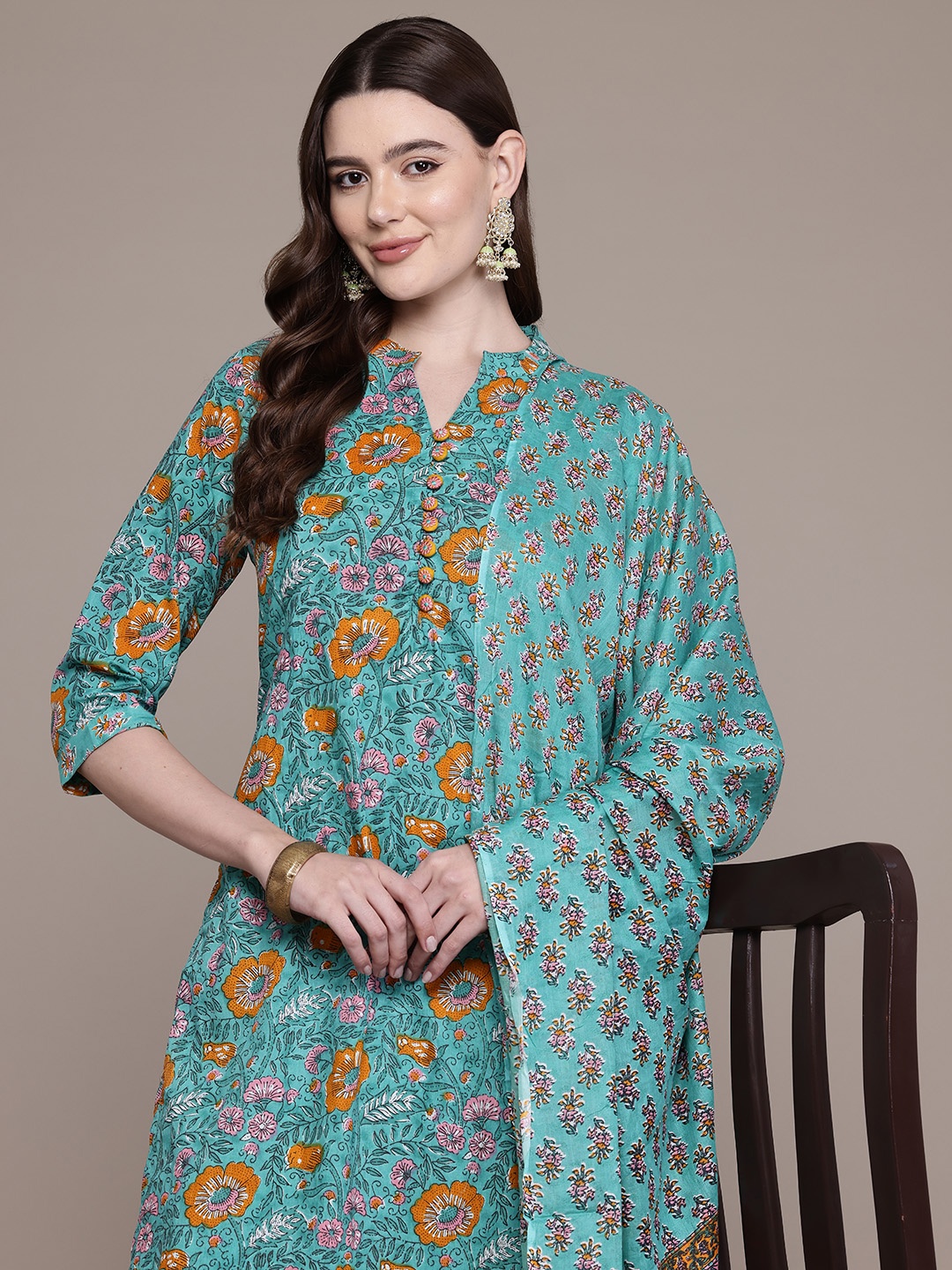 

Readiprint Floral Printed Pure Cotton Kurta With Trousers & Dupatta, Sea green