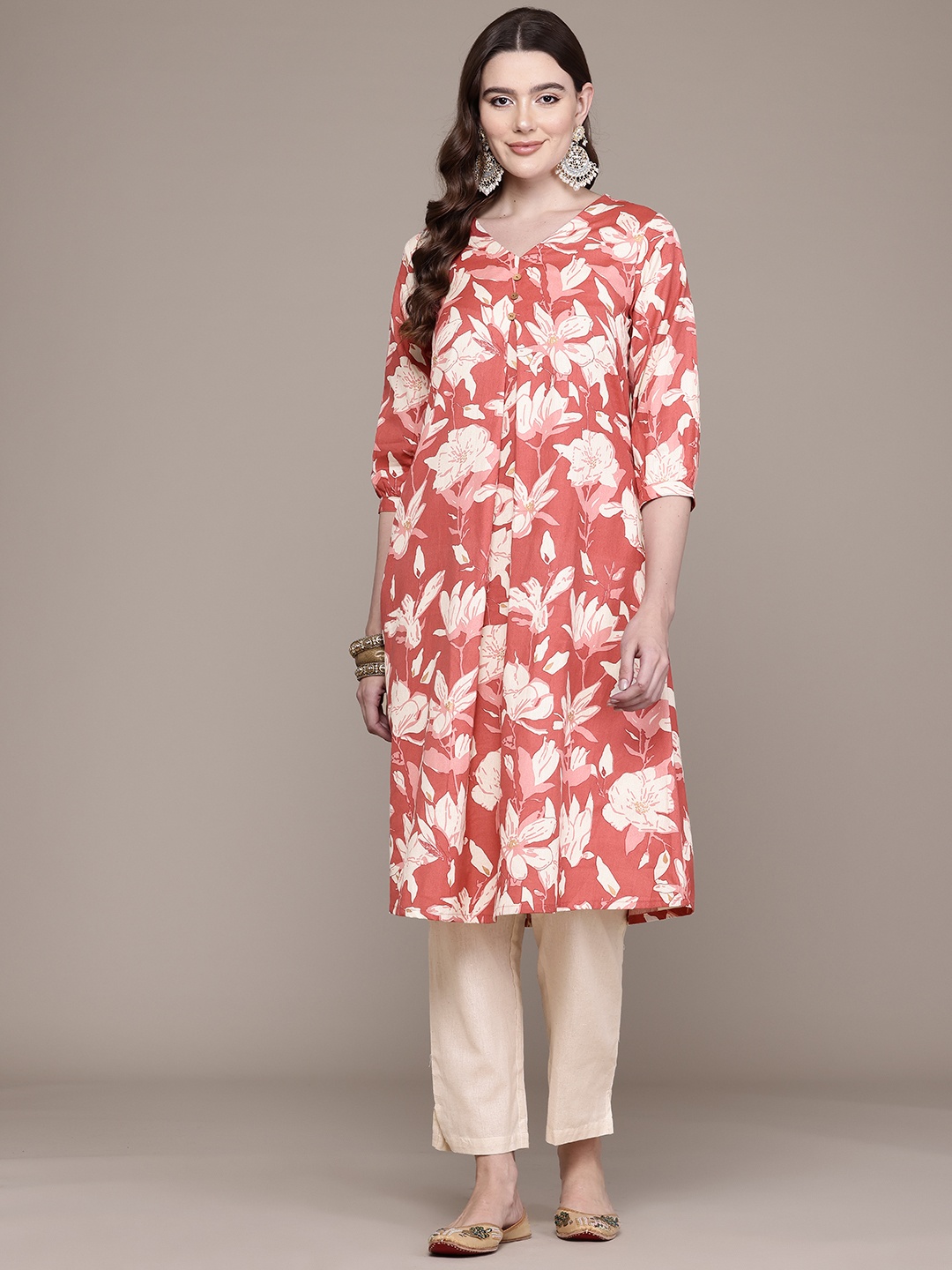 

Readiprint Floral Printed Pleated Pure Cotton Kurta with Trousers, Red