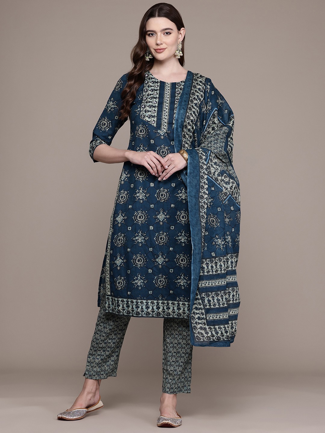 

Readiprint Floral Printed Aari Work Pure Cotton Kurta With Trousers & Dupatta, Navy blue
