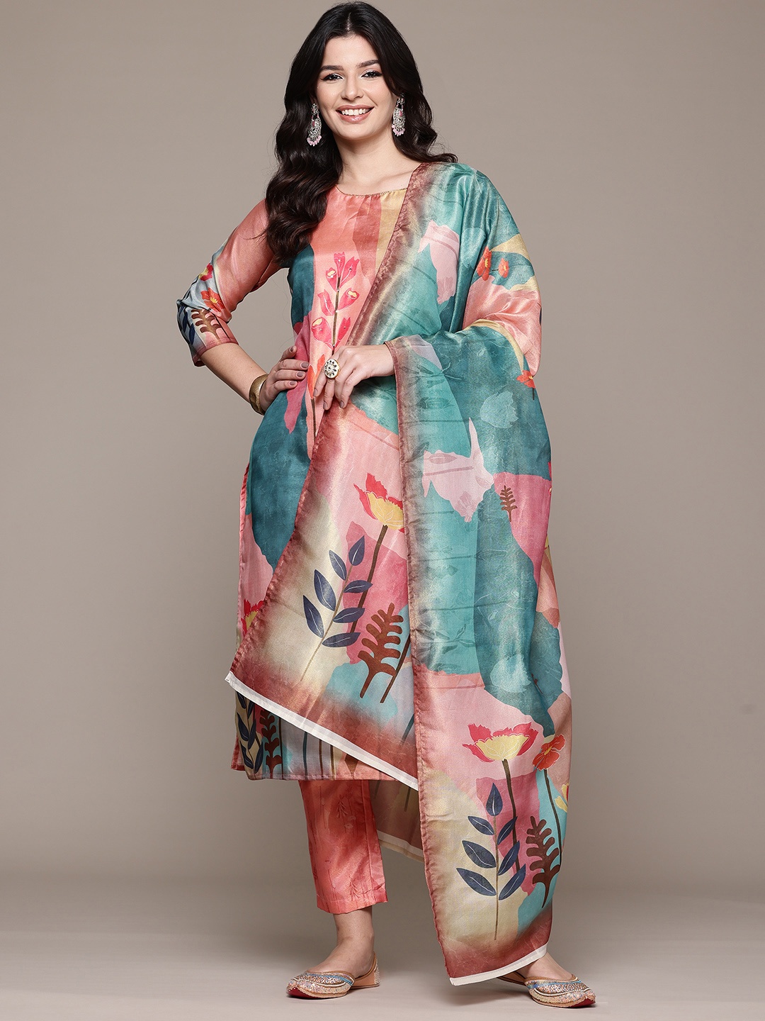 

Readiprint Floral Printed Thread Work Chanderi Silk Kurta with Trousers & Dupatta, Peach