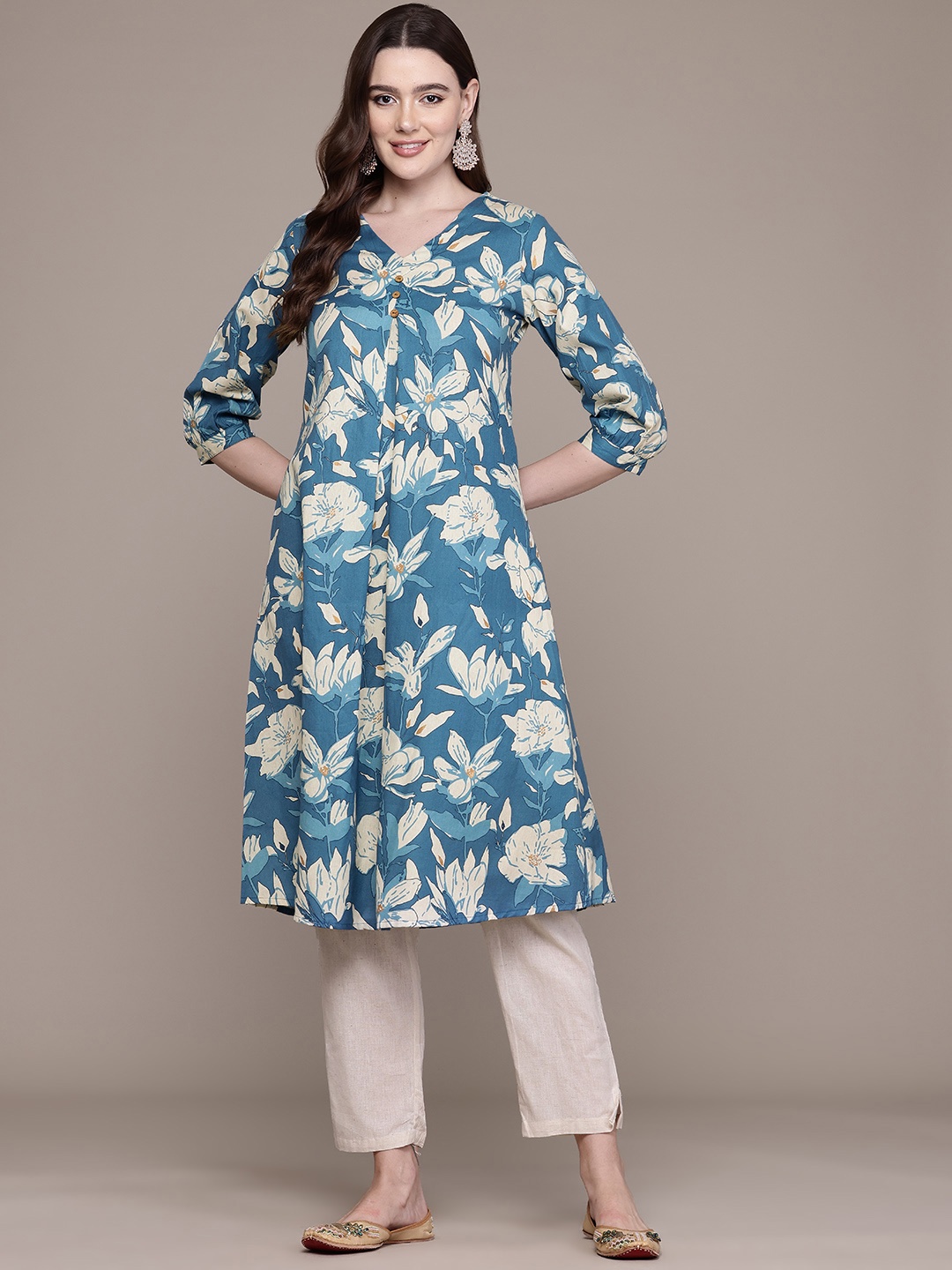 

Readiprint Floral Printed Pleated Pure Cotton Kurta with Trousers, Blue