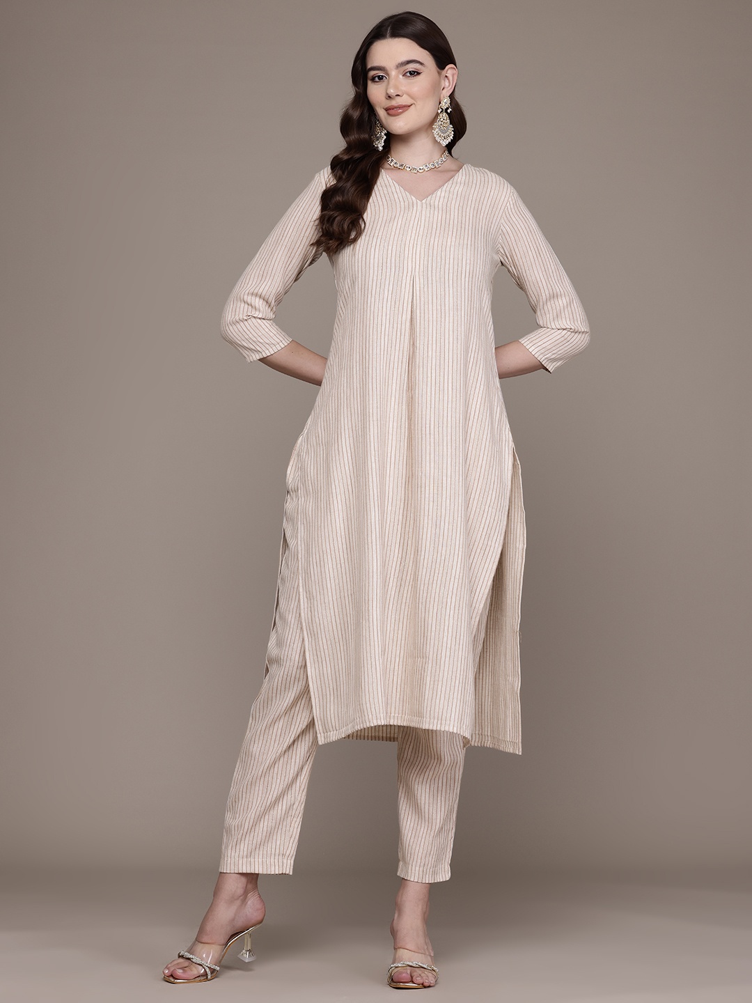 

Readiprint Striped Pleated Pure Cotton Kurta with Trousers, Beige