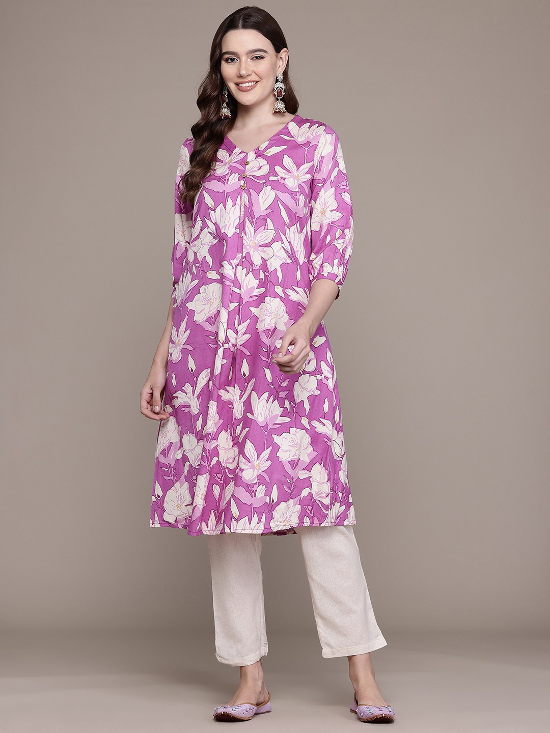 

Readiprint Floral Printed Pleated Pure Cotton Kurta with Trousers, Purple