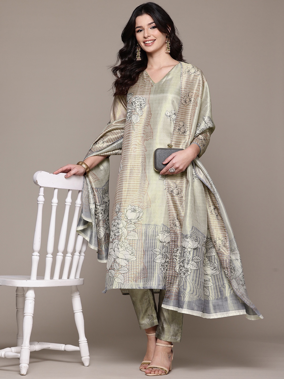Readiprint Floral Printed Thread Work Chanderi Silk Kurta with Trousers & Dupatta, Olive