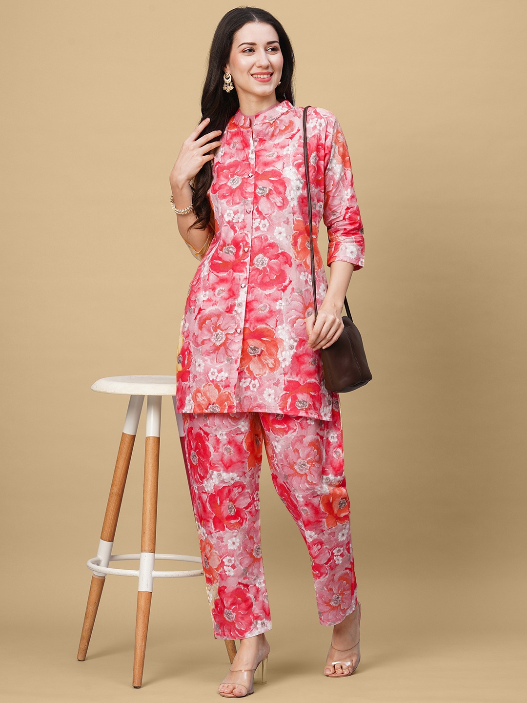 

Kiana House Of Fashion Printed Pure Cotton Tunic With Trouser Co-Ords, Red