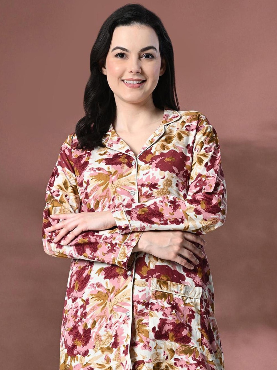 

Mintmarie Women Floral Printed Night suit, Maroon