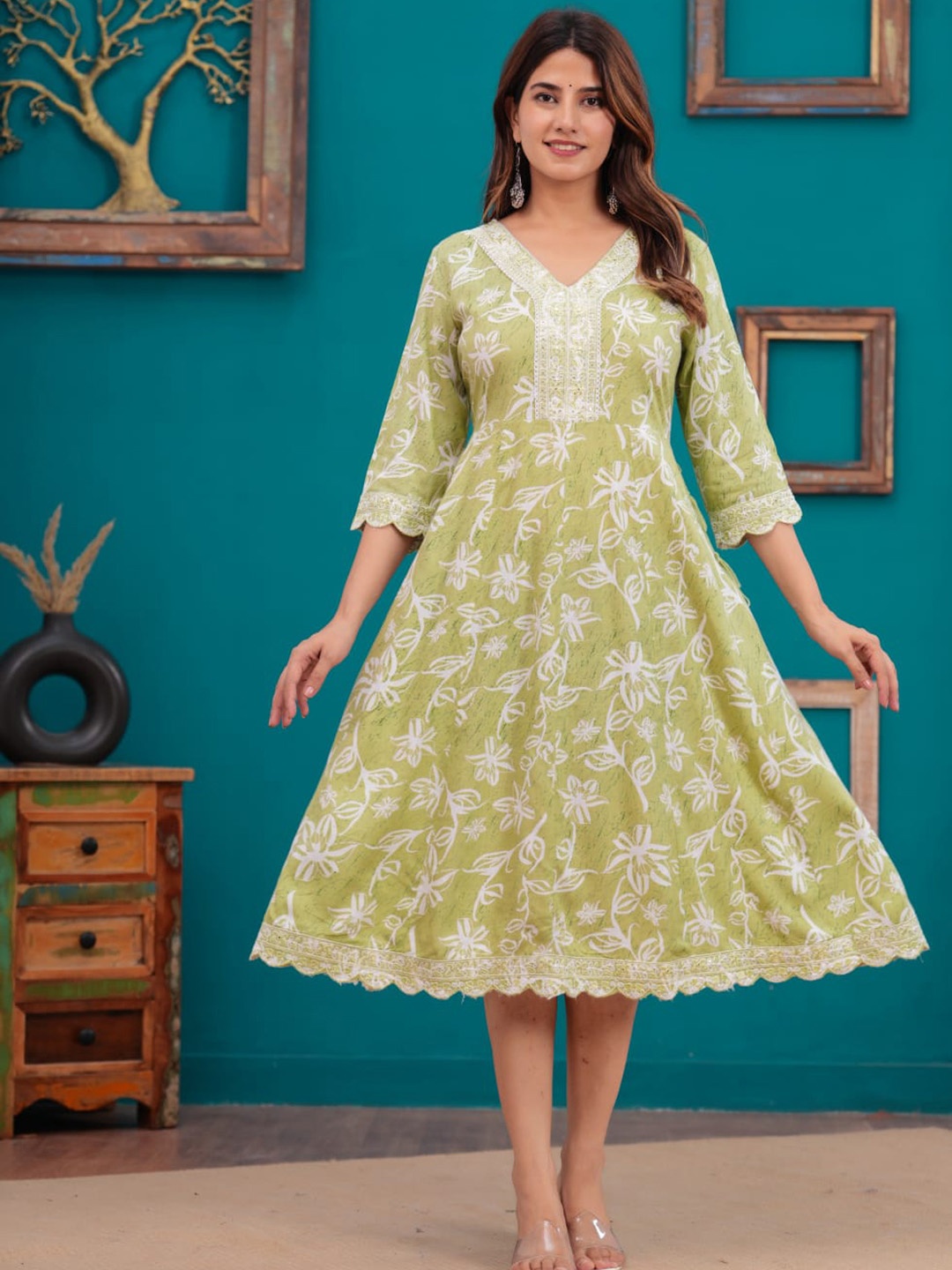 PARUCREATION Women Floral Printed Ethnic Dresses, Lime green